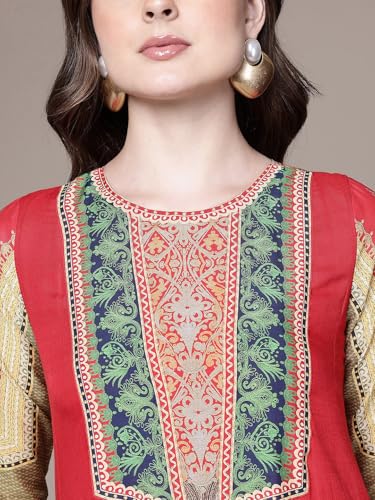 Aarke Ritu Kumar Red Prim Rose Round Neck Kurta With Pant And Dupatta