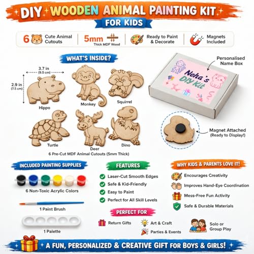 Half Engineer Gifts - HE DIY Wooden Animal Painting Kit with Personalised Box for Kids | 6 Cute MDF Animal Cutouts 5mm Thick with Colors, Brushes, Palette & Magnets | Art & Craft Activity Toy