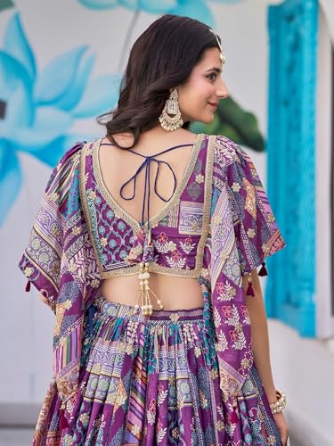 Zeel Clothing Women's Digital Print with Zari Dori Embroidery Work Chinnon Silk Lehenga Choli With Dupatta (7050-Women-Lehenga-Choli-New; Free size) (Purple)