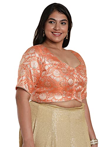 SALWAR STUDIO Women's Orange Brocade Readymade Saree Blouse-PLSSB00008-ORNG
