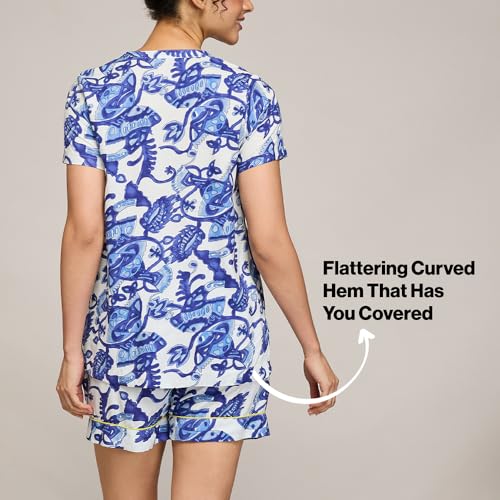 NYKD (NYS930 Printed Rayon Coords Night Suit for Women | Relaxed Fit V Neck Top with Non Slip Adjustable Waistband Shorts | Perfect for Sleep, Lounge & Everyday Wear - Blue