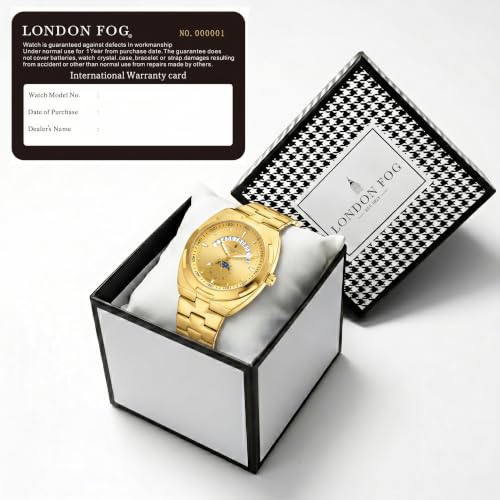 London Fog Analog Quartz Watch for Men with Gold Round Dial, Retrograde Date Display, 24-Hour Day-Night Indicator, Luminous Hands & Hour Markers and Gold Stainless Steel Bracelet - LFM10021-55