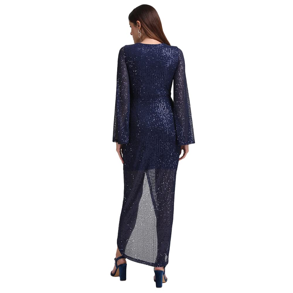 Kazo Abstract Blended V Neck Womens Maxi Dress (Navy Blue, Small)