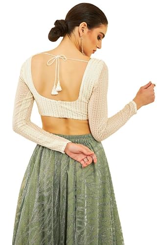 Soch Womens Cream Georgette Sequinned Embellished Blouse with Tie-Ups