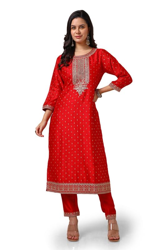 Soch Womens Red Foil Print Suit Set With Thread Work