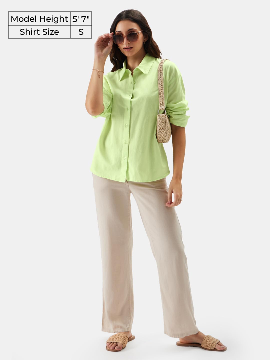 The Souled Store Solids: Lime Women and Girls Loose fit Full Sleeve Cotton and Linen Yellow Color Women Boyfriend Shirts