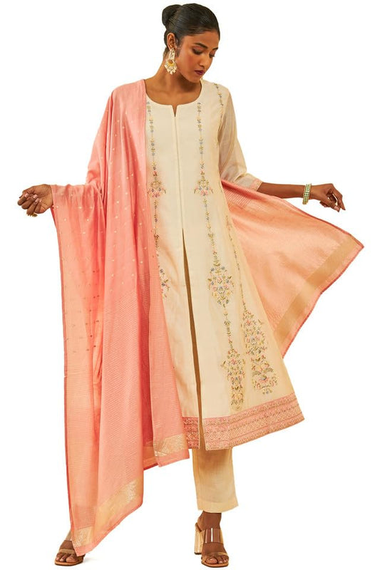 Soch Womens Cream Chanderi Floral Embroidered Suit Set with Zari