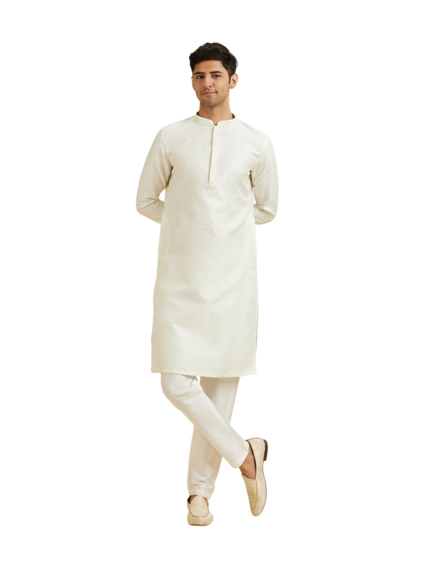 Manyavar Men's Art Silk Textured | Neck Embroidered Kurta Pyjama Set (2pcs)
