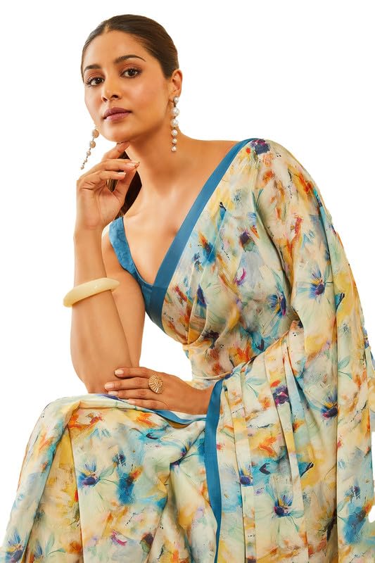 Soch Womens Blue Floral Print Crepe saree