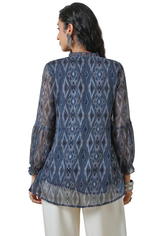 Soch Womens Blue Chiffon Ikat Print A Line Tunic with Tie-Up Neck