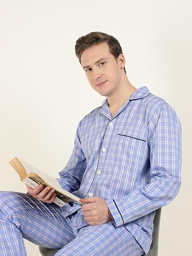 Hancock Men Cotton Checked Relaxed Fit Night Suit Blue Size M