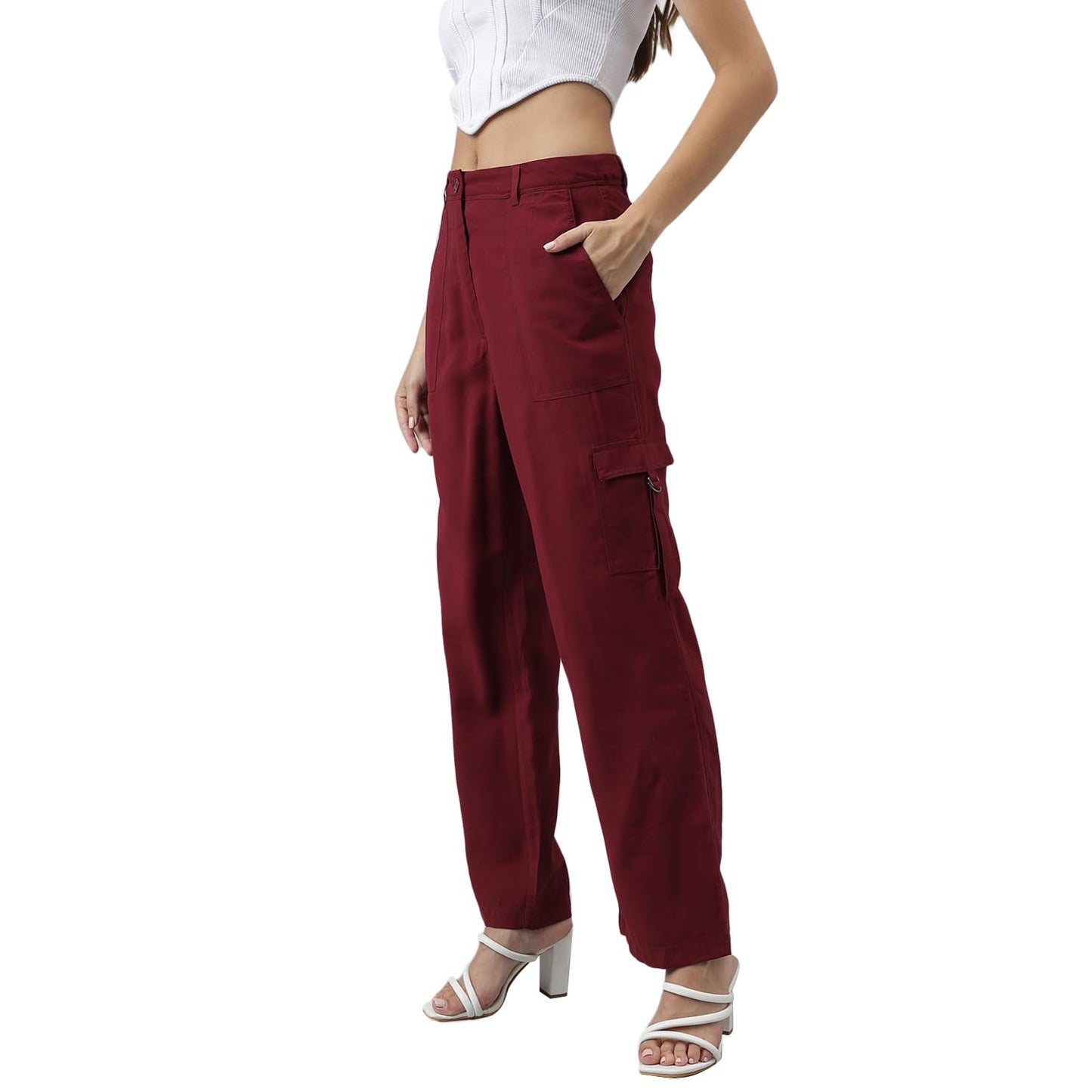 Latin Quarters Women Solid Casual Maroon Straight Pants_M
