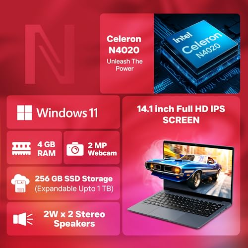 Neopticon BrowseBook 14.1" FHD IPS Laptop | Best Student & Office Work Laptop | Celeron N4020 | 4GB RAM | 256GB SSD | Windows 11 | 38Wh | 1.3kg | Grey