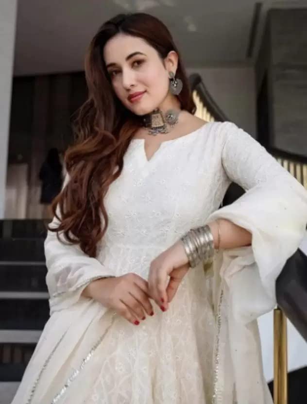 Royal Export Women's Cotton Blend White Chikankari Anarkali Gown with Dupatta | Dresses for Girls | Pant Not Included-XXL