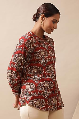 W for Woman Red Shirt in Hand Block Kalamkari Print_24JUF30003-910641B_L