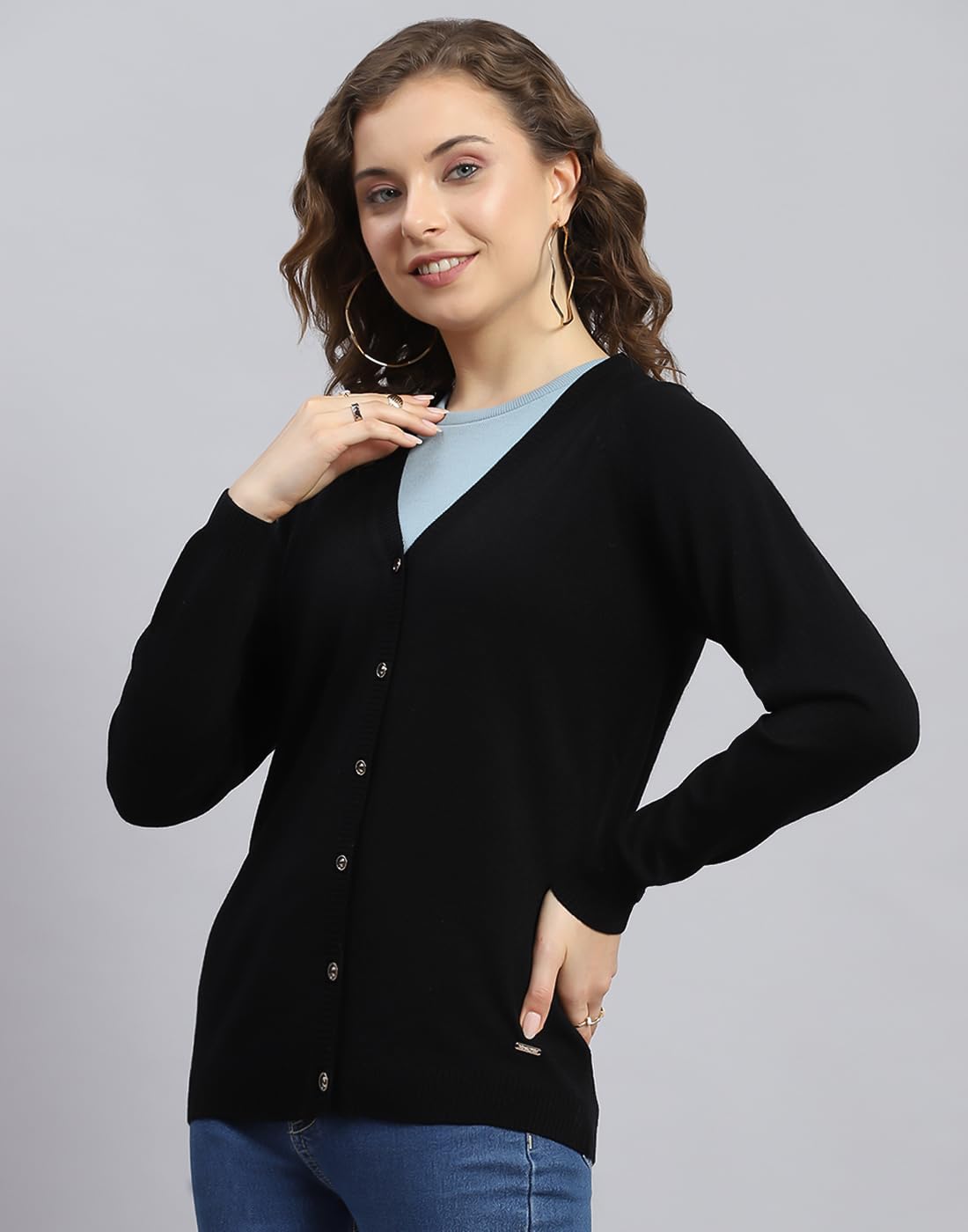 Monte Carlo Womens Brinjal Solid V Neck Full Sleeve Cardigan Sweater (1230527VN-1147-38)