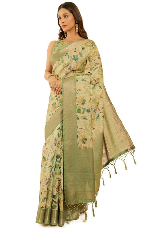 Soch Womens Light Green Floral Print Chanderi Jacquard Saree