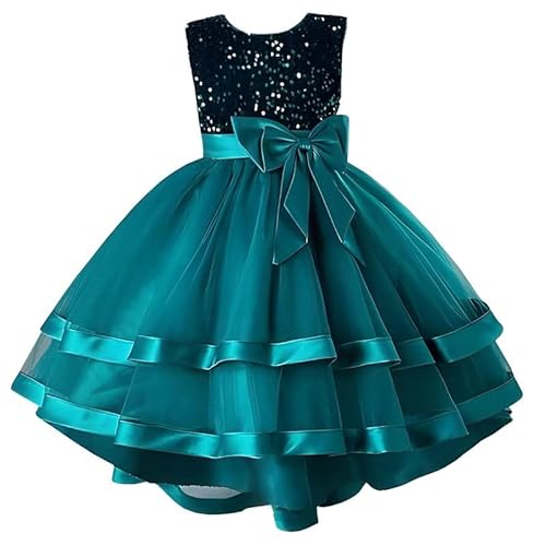KIYOL Girls Dress with Sequin Bodice & Satin Bow | Round Neck Layered Tulle Frock for Birthday, Wedding & Special Occasions (Kingfisher-Blue-6-7 Y)