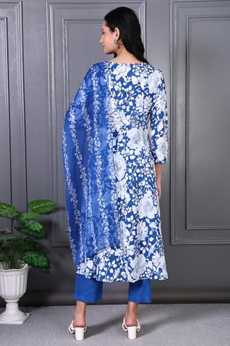 W for Woman Blue Floral Printed Lace Rayon Flared Kurta, Pants and Dupatta Set (Size: M)-WS13005-125923