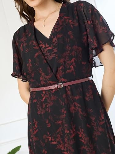 Latin Quarters Women's Black Printed V-Neck Half Sleeve Casual Fit & Flare Dress_L