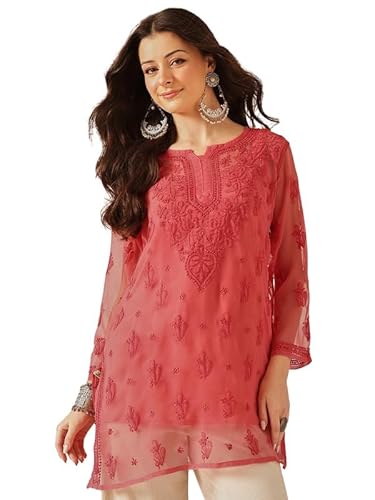 Ada Faux Georgette Short Kurti with Slip Hand Embroidered Lucknowi Chikankari Top Tunic for Women A911557 (2XL, Carrot Pink)