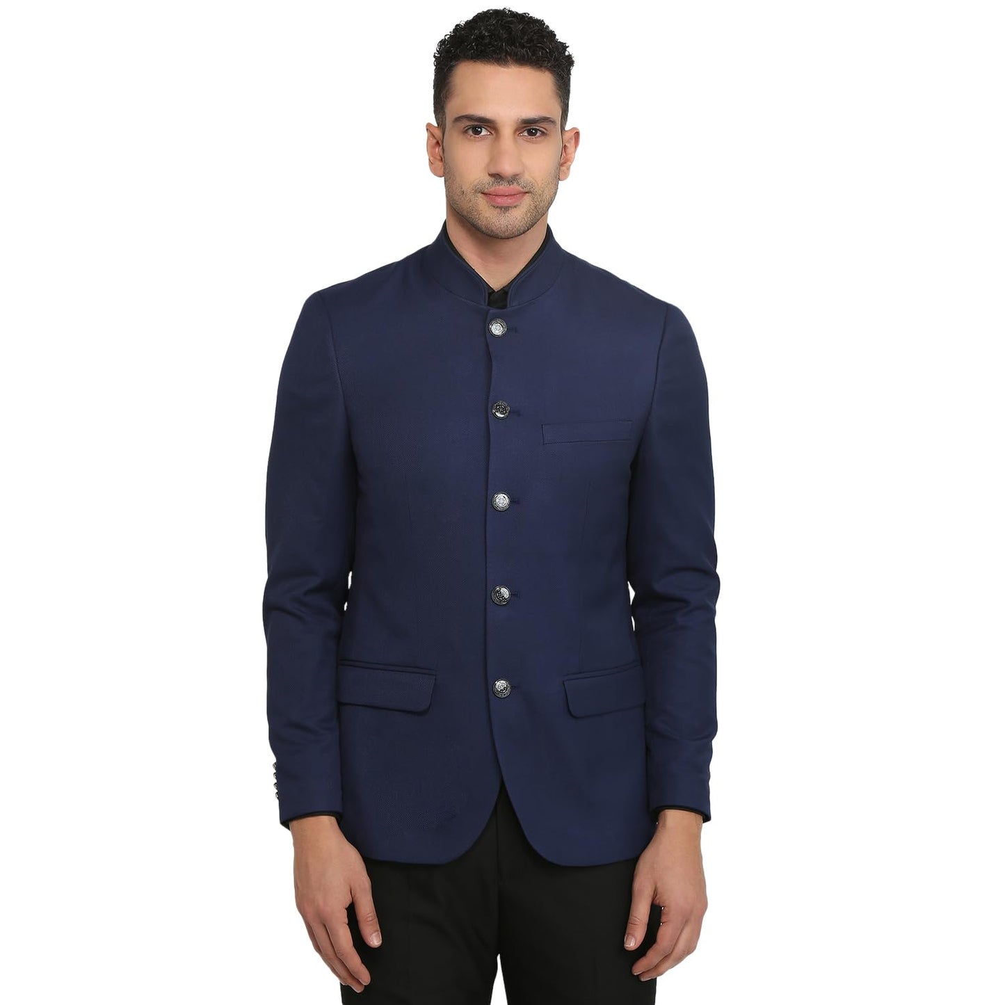 Raymond Men Regular Fit Solid Pattern Poly Rayon Blend Stand Collar Full Sleeve Ceremonial Jacket