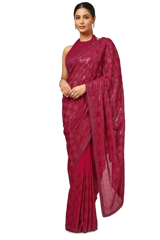 Soch Womens Fuchsia Georgette Embellished Saree With Sequins
