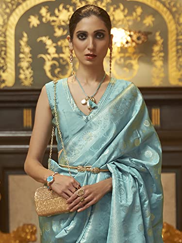 AKHILAM Women's Silk Blend Woven Design Saree With Unstitched Blouse Piece (Blue_KANDNA221005_RJ)