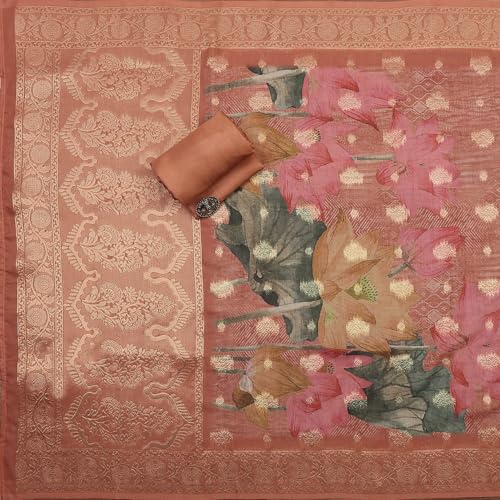 BIBA Women Coral Chanderi Printed Embroidered Unstitched Suit Set_FREE SIZE