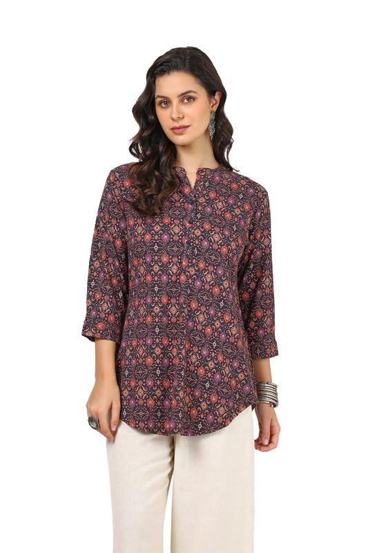 Soch Womens Navy Blue Spandex Ethnic Motifs Tunic