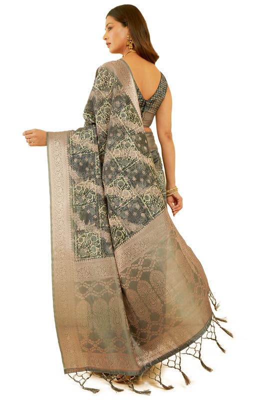 Soch Womens Charcoal Chanderi Jacquard Saree With Ethnic Print