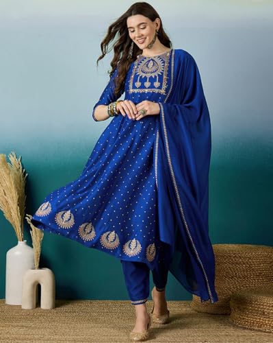 LYMI LABEL Zari Sequence Embroidered Blue Silk Blend Foil Printed Kurta Pant with Dupatta