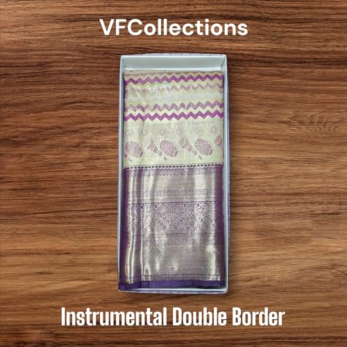 VFCollections Women's Traditional Handloom Kanchipuram Silk Pure Pattu Sarees – Instrumental Border | Rich Zari Woven Design | Bridal Saree | Unstitched Blouse (VFC691-4)
