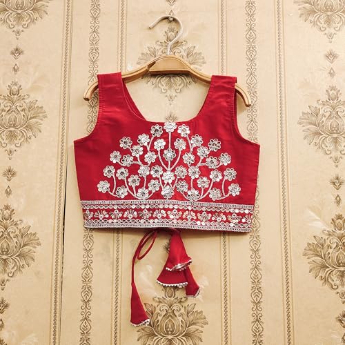 Tejam Kids Girls Taffeta Silk Embroidered Beautifull Latest Crop Top With Lehenga Set For Girls 2 To 8 Years (Red, 7-8 Years)