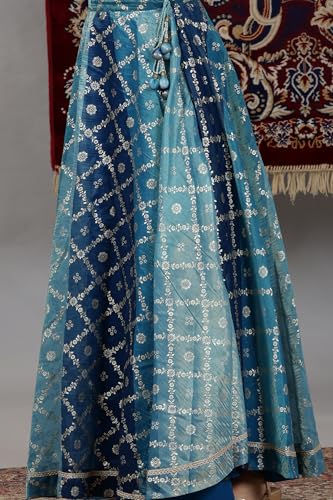 Aurelia Women's Blue Printed Zari Embroidered Crop Top, Brocade Flared Skirt and Dupatta Set