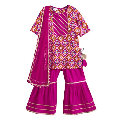 Hopscotch Hoscotch Girls Geometric Pink Short Sleeves 3 Piece Ornate Geometric Cotton Sharara Set For Ages (4-5 Years)
