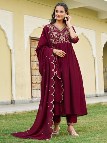NIVANA Emboidered Flared Kurta with pant & Embroidered Dupatta | M | Maroon | V-neck | 3-Piece Ethnic Set