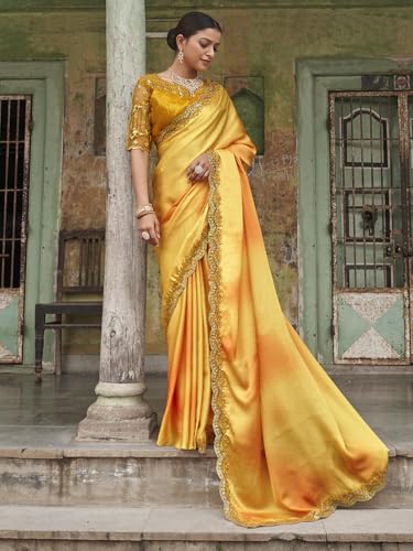 Zeel Clothing Women's Yellow Embellished Embroidered Satin Saree with Blouse (ZURI-1101-Yellow-Sarees-For-Womens, Yellow)