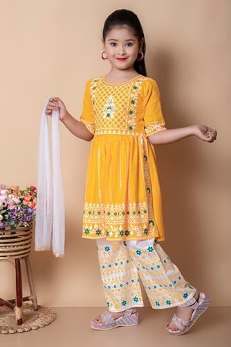 NEW JON Girl's Traditional Cotton Straight Kurta and Pant with Dupatta Set(Yellow, Size: 7-8 Years)