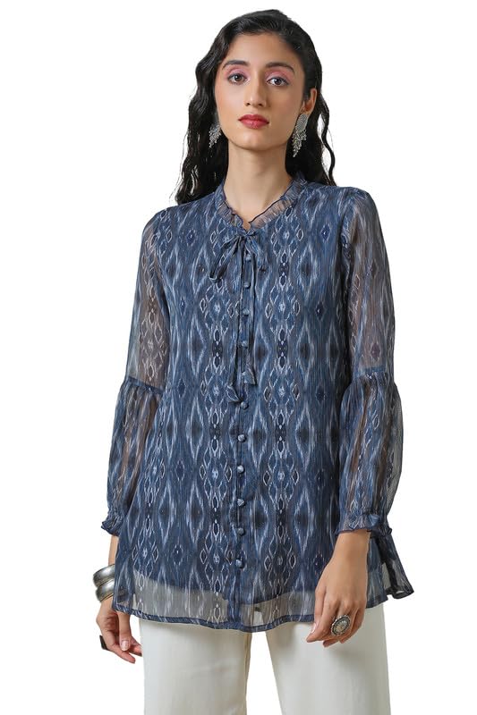 Soch Womens Blue Chiffon Ikat Print A Line Tunic with Tie-Up Neck