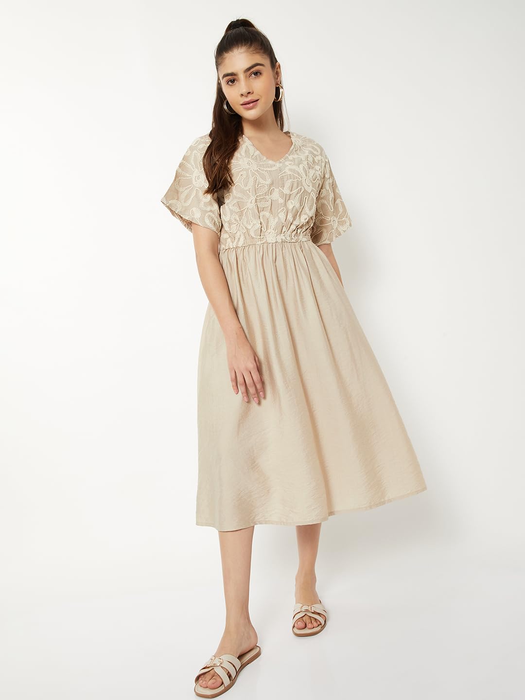 Max Women Embroidered A-line Dress (Beige_XL)
