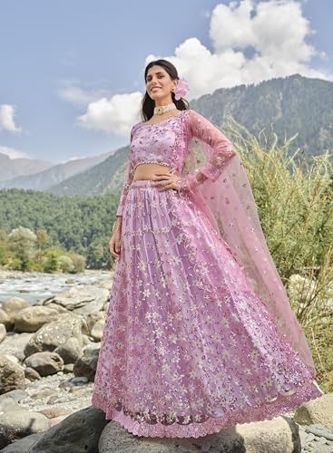 Divine Exim Women's Net Semi Stitched Lehenga Choli with Dupatta | Thread and Sequin Embroidery Pattern | Traditional, Wedding, Ethnic Wear Lehenga (Lavender)