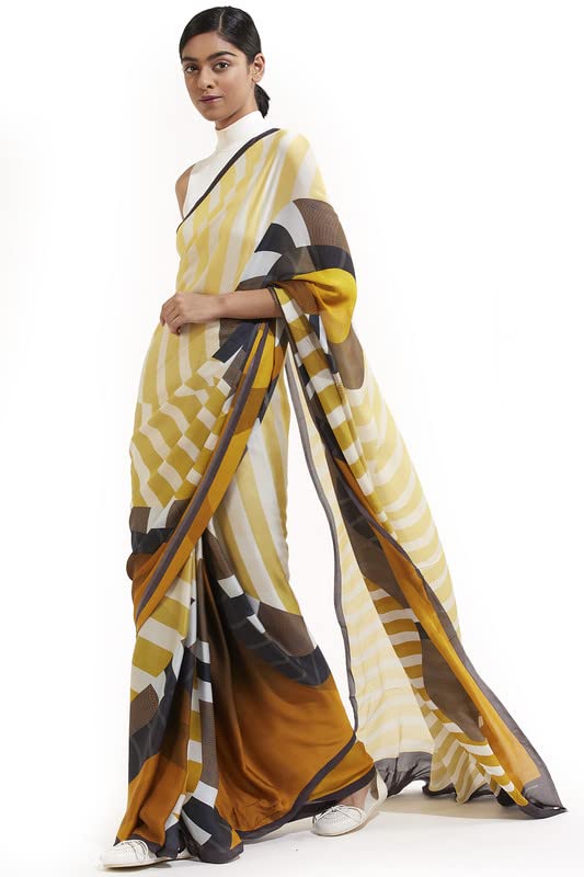 Satya Paul Yellow Satin Georgette Printed Saree with Blouse piece