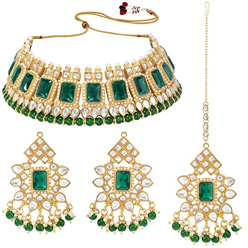 Peora Gold Plated Green Kundan Dangling Pearls Necklace Earring MaangTikka Jewellery Set for Women