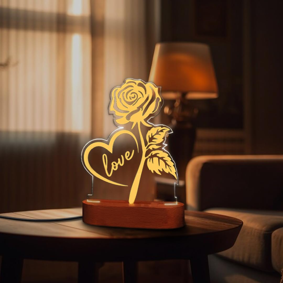 Giftana Personalized Love Rose Lamp with Name, Customized Couple Acrylic Table Lamp for Couple Gift for Anniversary, Wedding, Valentine Day, Birthday Gift for Girlfriend Boyfriend
