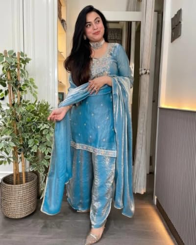 Women's Blue Silk Blend Straight Kurta Set With Dupatta And Palazzo