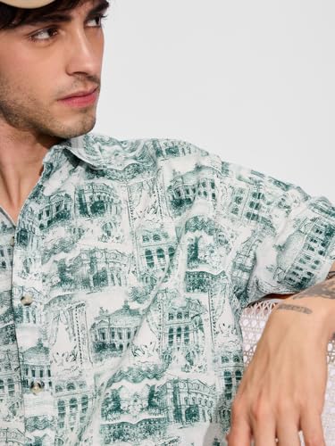 The Souled Store Green Escape Men and Boys Short Sleeves Collared Neck Button Front All Over Printed Cotton Holiday Shirts