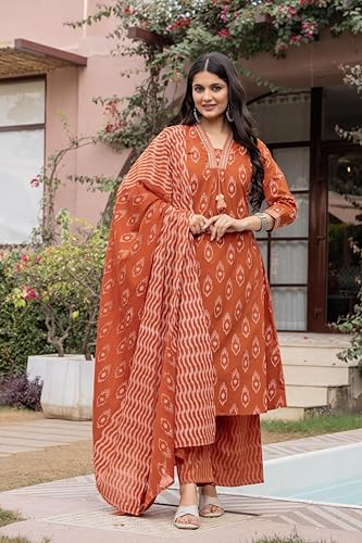 Pistaa's Women's Pure Cotton Anarkali Printed Kurta with Palazzo & Dupatta Set (Rust, XXX-Large)
