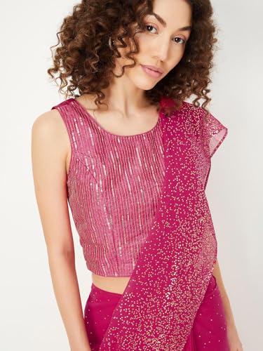 Max Women Sequinned Pre-Stitched Saree with Blouse(Pink_XL)
