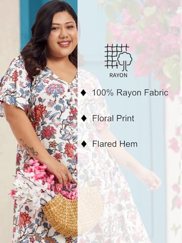 wild U Women Plus Size Western Dress | Floral Print | Midi | Rayon Fabric | Stylish (Off White Pink, Size: 6XL)